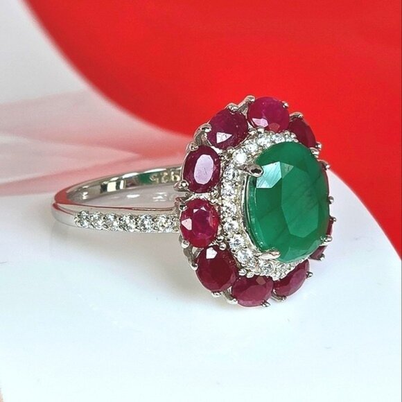 925 Sterling Silver Ring with Natural Emerald 11x8mm & Ruby Gemstone - Picture 16 of 16